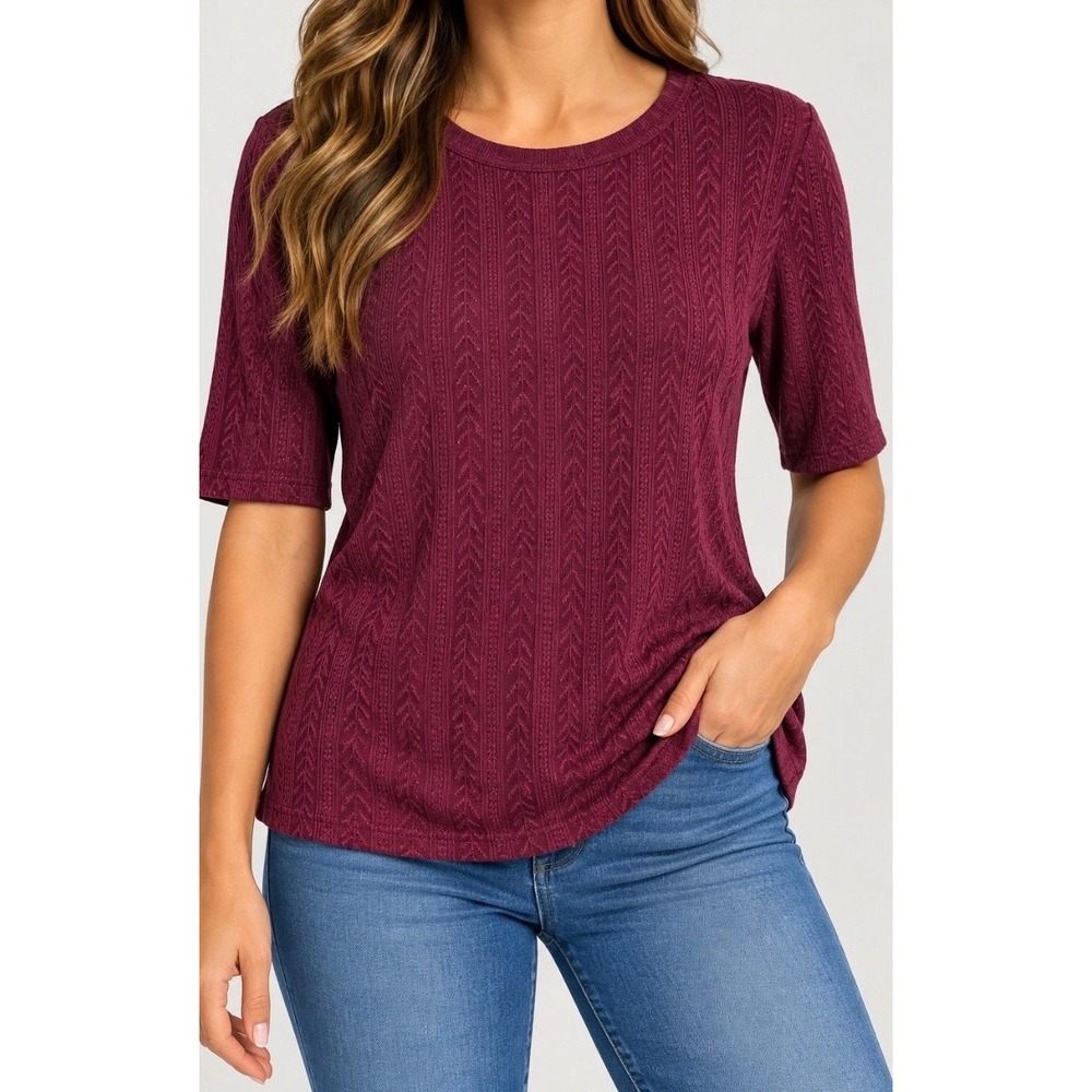 Mario Serrani Womens Maroon Elbow Sleeve Textured Top Crew Neck •M• Classic